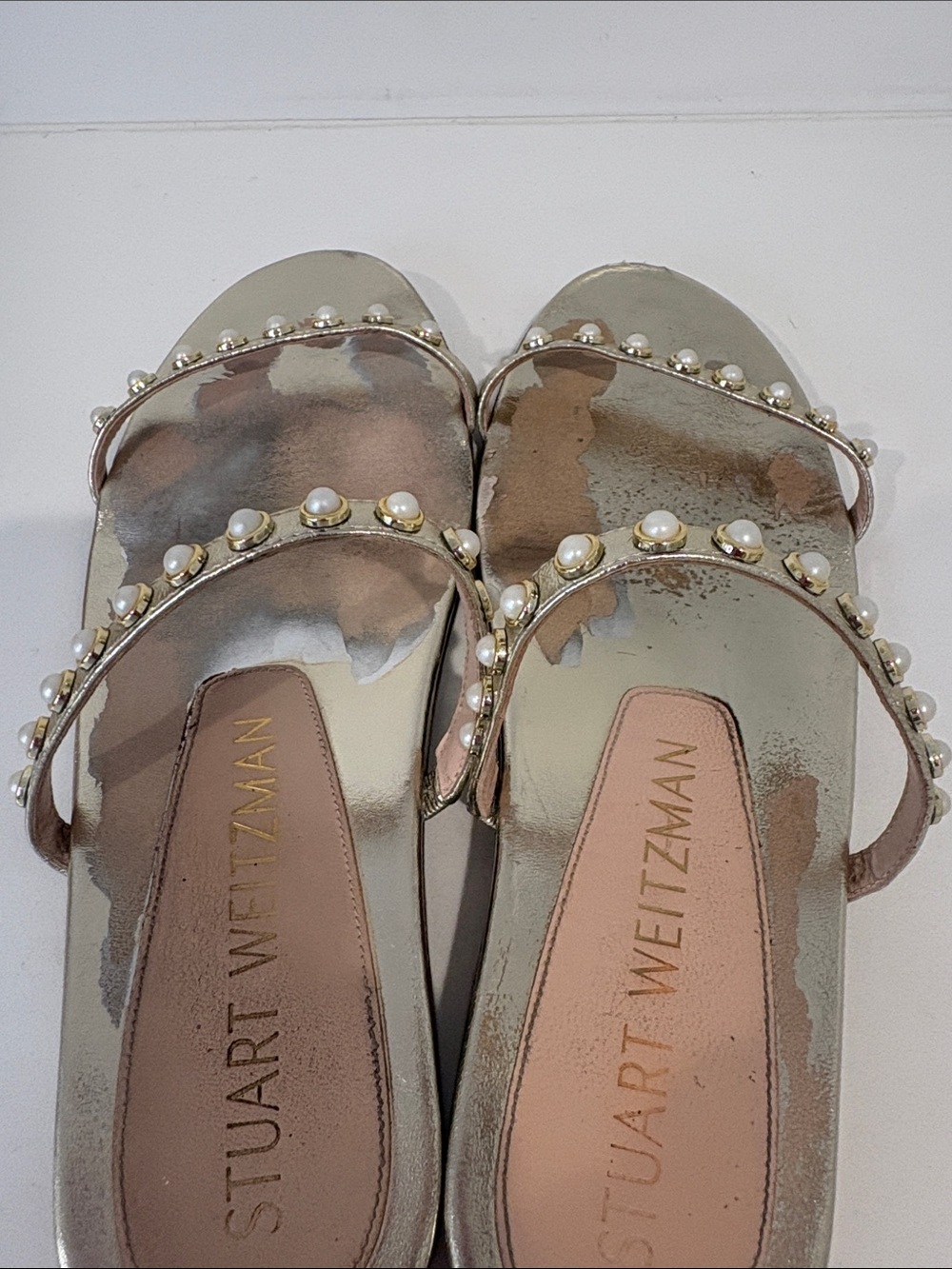 Stuart Weitzman Metallic Gold Pearl-Embellished Slide Sandal Size 8.5 - Picture 4 of 12